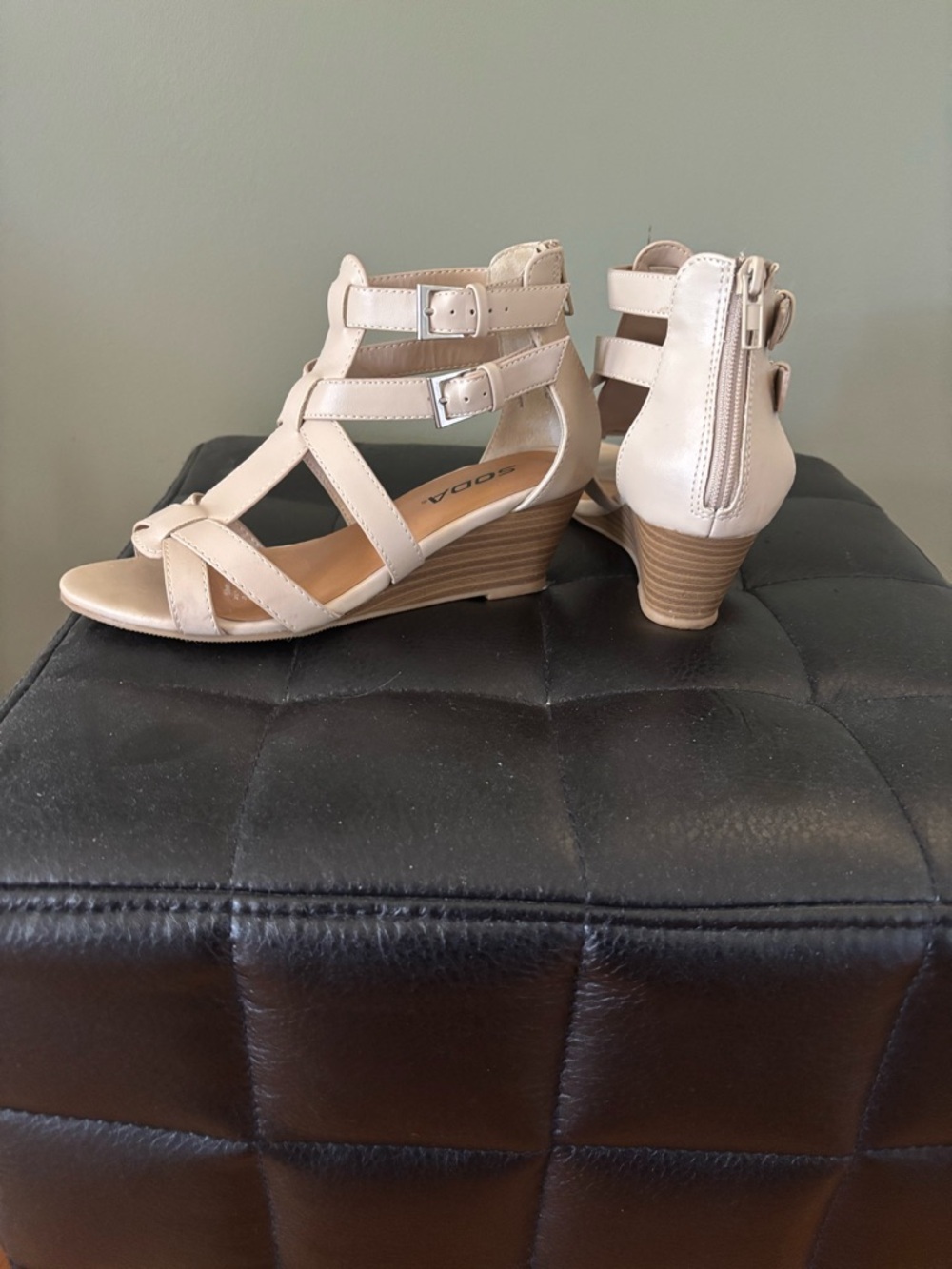 Soda Beige Strappy Wedge-Heel Sandals